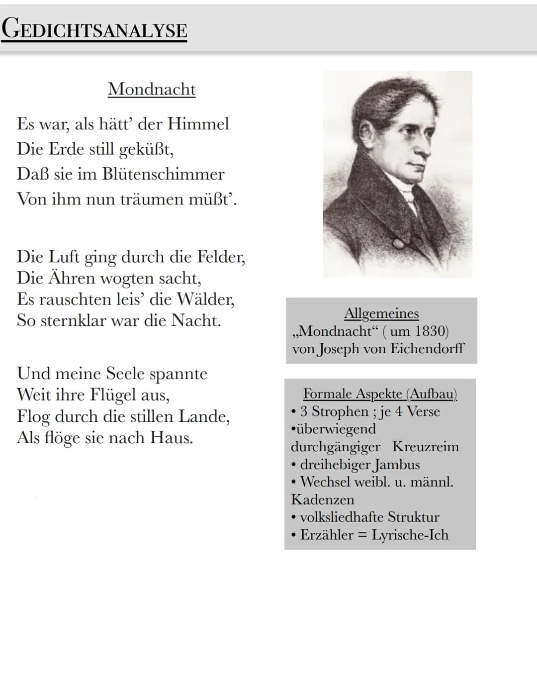 GEDICHTSANALYSE
Mondnacht
Es war, als hätt' der Himmel
Die Erde still geküßt,
Daß sie im Blütenschimmer
Von ihm nun träumen müßt'.
Die Luft 