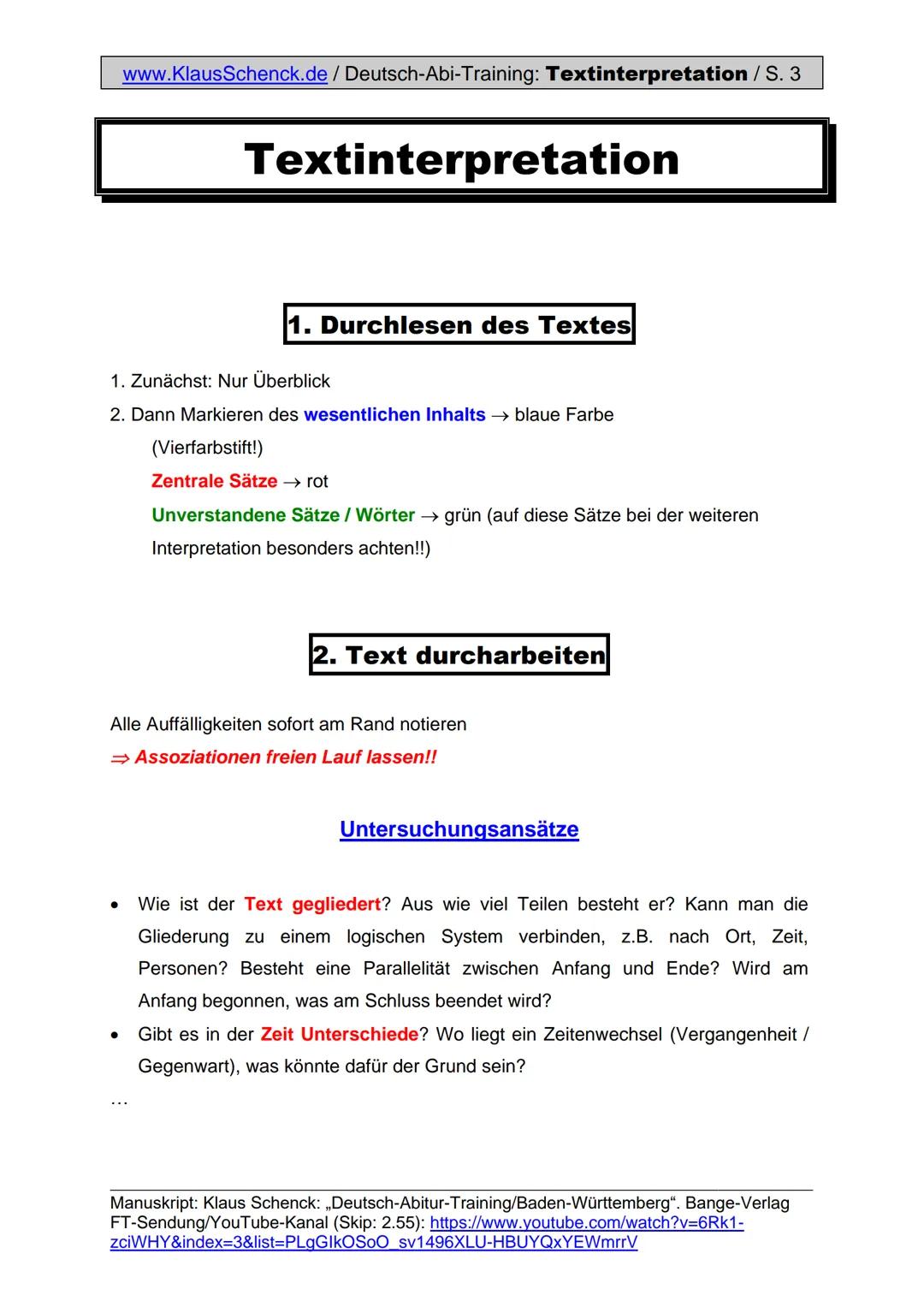www.KlausSchenck.de / Deutsch-Abi-Training: Textanalyse / S. 1
Textanalyse (Aufgabe V)
Aus meiner Sicht ist die Textanalyse die einfachste A
