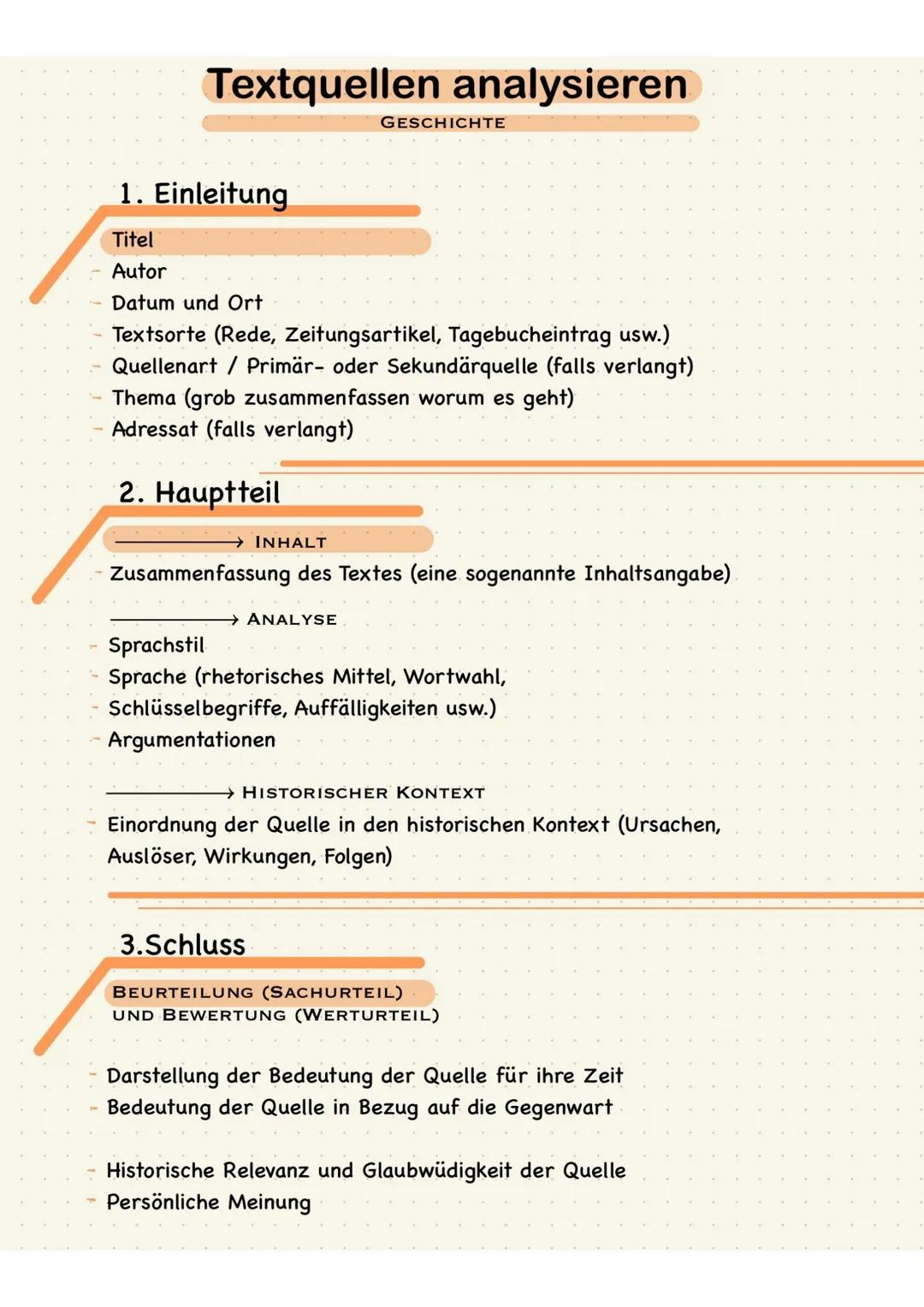 # Textquellen analysieren
GESCHICHTE

1. Einleitung

- Titel
- Autor
- Datum und Ort
- Textsorte (Rede, Zeitungsartikel, Tagebucheintrag usw