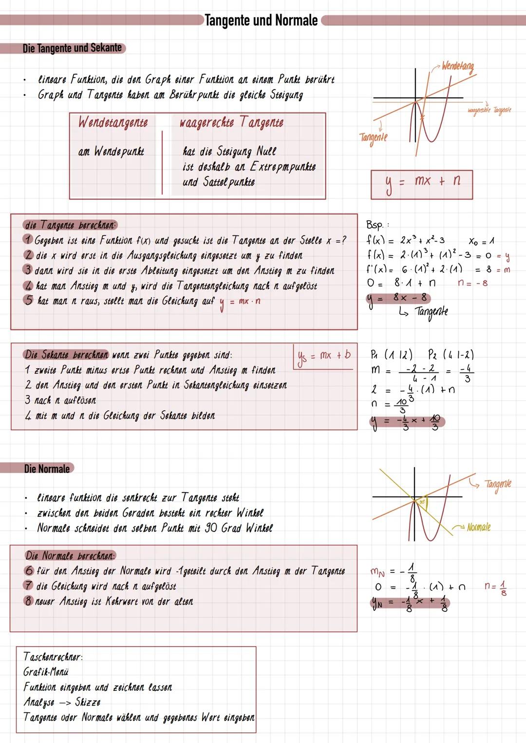 # Tangente und Normale

Die Tangente und Sekante

*   lineare Funktion, die den Graph einer Funktion an einem Punkt berührt
*   Graph und Ta