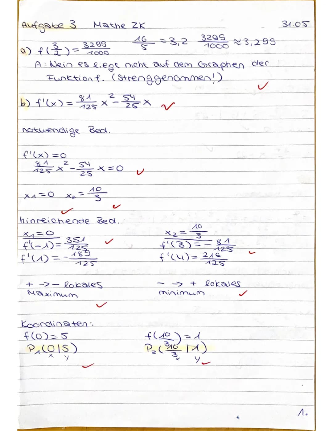 Aufgabe 3.
a) f ( ²³/²) =
23,299
A: Nein es liegt nicht auf dem Graphen der
Funktion f. (Strenggenommen!)
✓
X4=0
Mathe ZK
16
3299
1800
81
2
