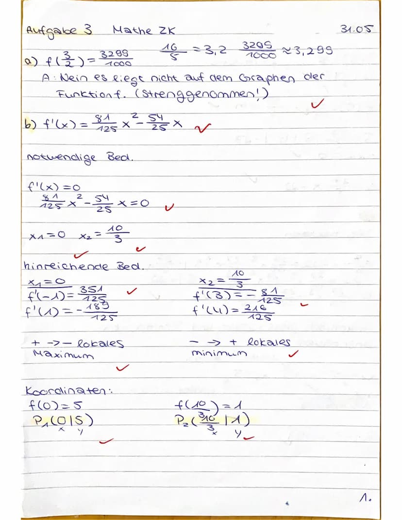 Aufgabe 3.
a) f ( ²³/²) =
23,299
A: Nein es liegt nicht auf dem Graphen der
Funktion f. (Strenggenommen!)
✓
X4=0
Mathe ZK
16
3299
1800
81
2
