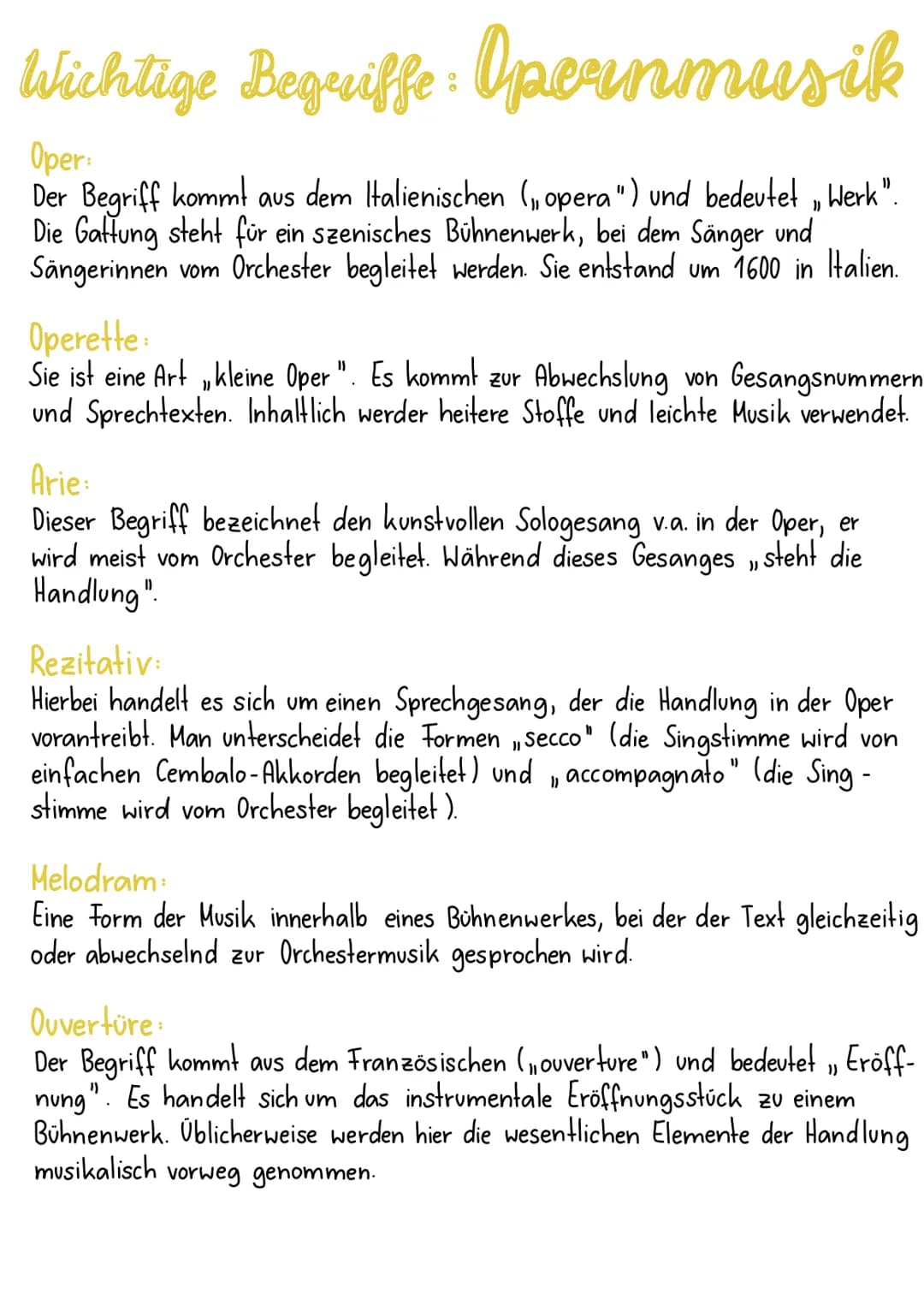 Wichtige Begriffe: Opernmusik
Oper:
})
Der Begriff kommt aus dem Italienischen (opera") und bedeutet Werk".
Die Gattung steht für ein szenis