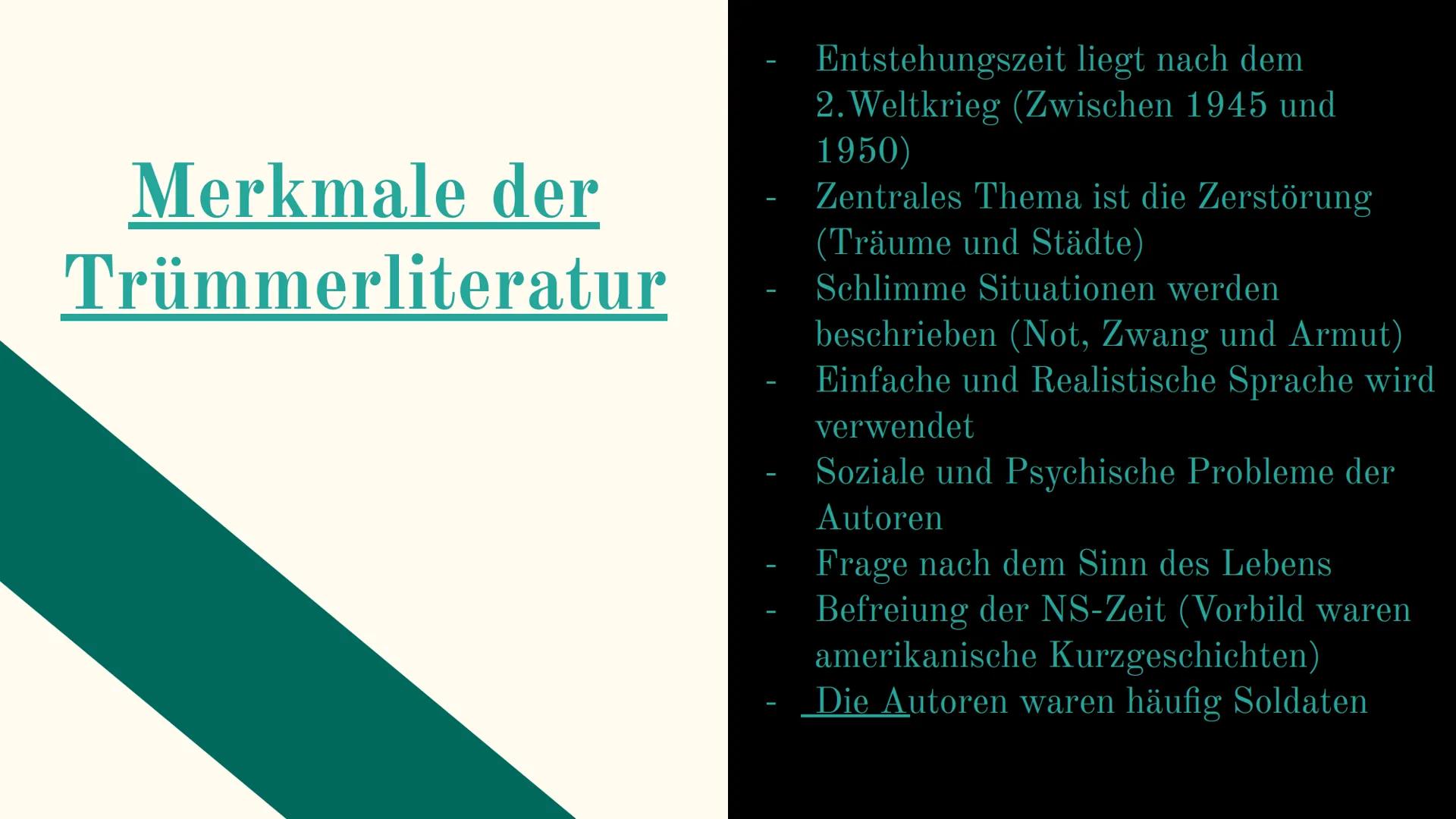 Trümmer und
Nachkriegsliteratur
Mit David, Omar, und Robert
L
Hoffnungslosigkeit
Verzweiflung
Trauer
miserabilität
TERRA
Gibt es
noch
Hoffnu