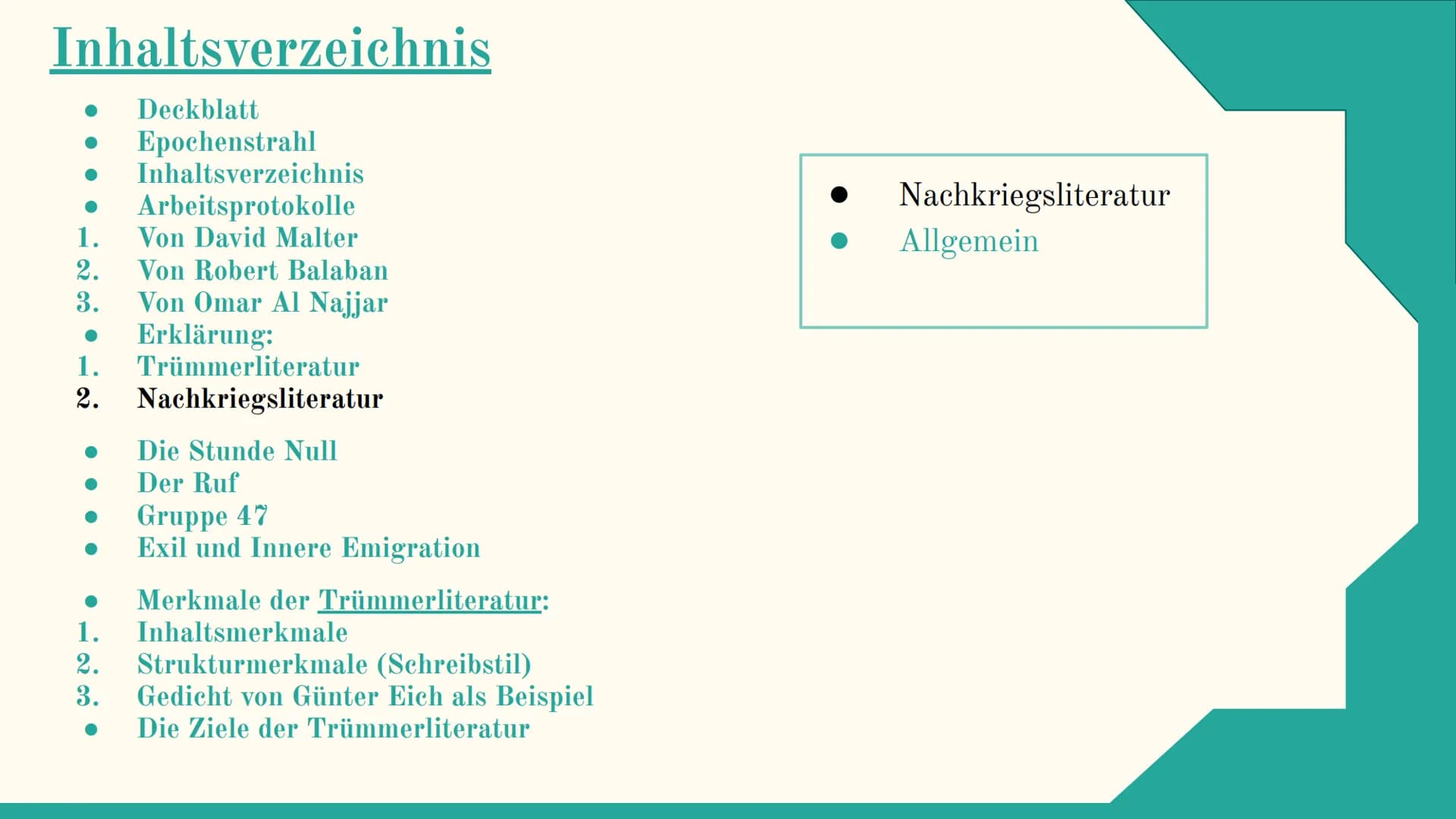 Trümmer und
Nachkriegsliteratur
Mit David, Omar, und Robert
L
Hoffnungslosigkeit
Verzweiflung
Trauer
miserabilität
TERRA
Gibt es
noch
Hoffnu