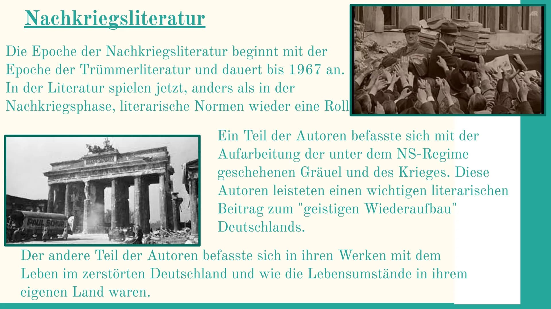 Trümmer und
Nachkriegsliteratur
Mit David, Omar, und Robert
L
Hoffnungslosigkeit
Verzweiflung
Trauer
miserabilität
TERRA
Gibt es
noch
Hoffnu