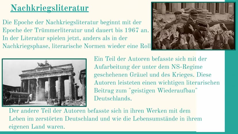 Trümmer und
Nachkriegsliteratur
Mit David, Omar, und Robert
L
Hoffnungslosigkeit
Verzweiflung
Trauer
miserabilität
TERRA
Gibt es
noch
Hoffnu