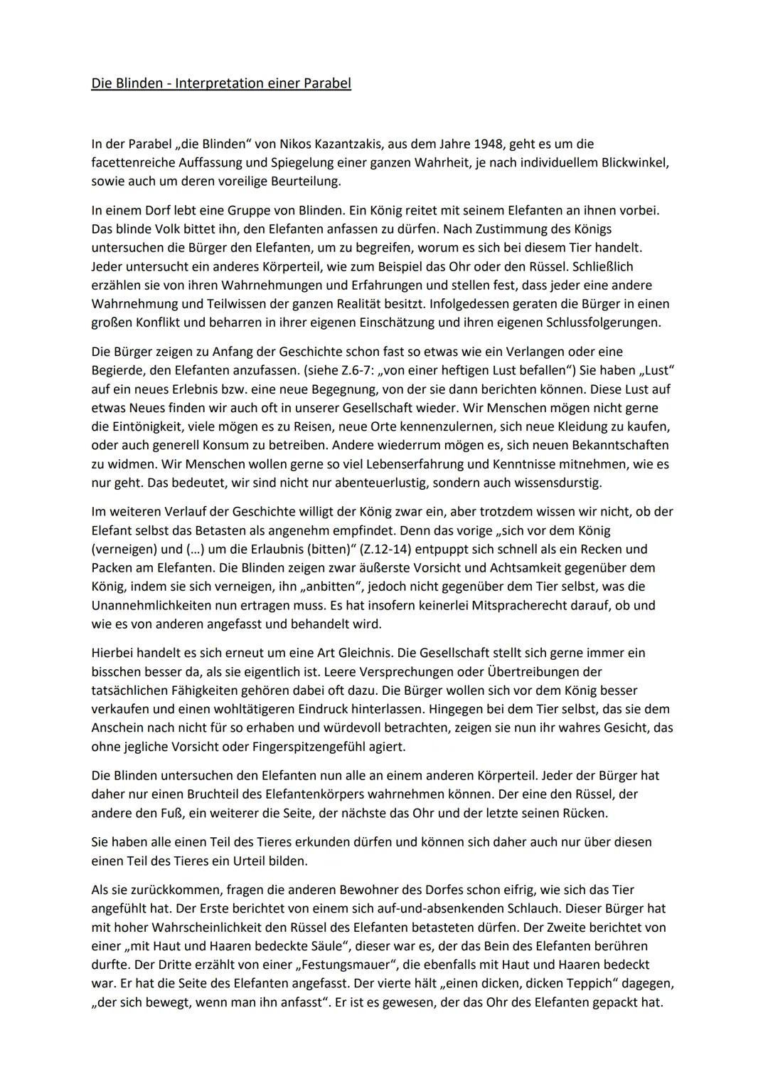 # Die Blinden - Interpretation einer Parabel

In der Parabel,,die Blinden" von Nikos Kazantzakis, aus dem Jahre 1948, geht es um die
facette