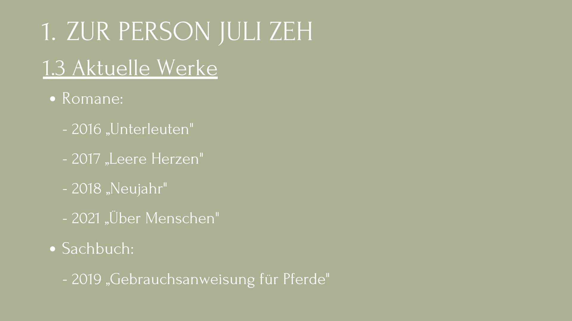 JULI ZEH
EINE AUTORIN DER
GEGENWARTSLITERATUR GLIEDERUNG
1. Zur Person Juli Zeh
1.1 Biografie
1.2 Schreibweise
1.3 Aktuelle Werke
2. Gründe 