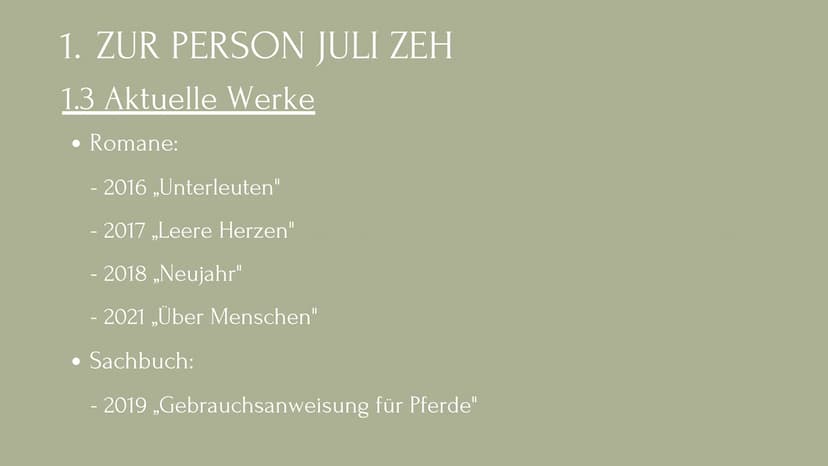 JULI ZEH
EINE AUTORIN DER
GEGENWARTSLITERATUR GLIEDERUNG
1. Zur Person Juli Zeh
1.1 Biografie
1.2 Schreibweise
1.3 Aktuelle Werke
2. Gründe 