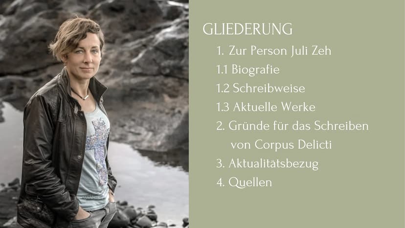 JULI ZEH
EINE AUTORIN DER
GEGENWARTSLITERATUR GLIEDERUNG
1. Zur Person Juli Zeh
1.1 Biografie
1.2 Schreibweise
1.3 Aktuelle Werke
2. Gründe 