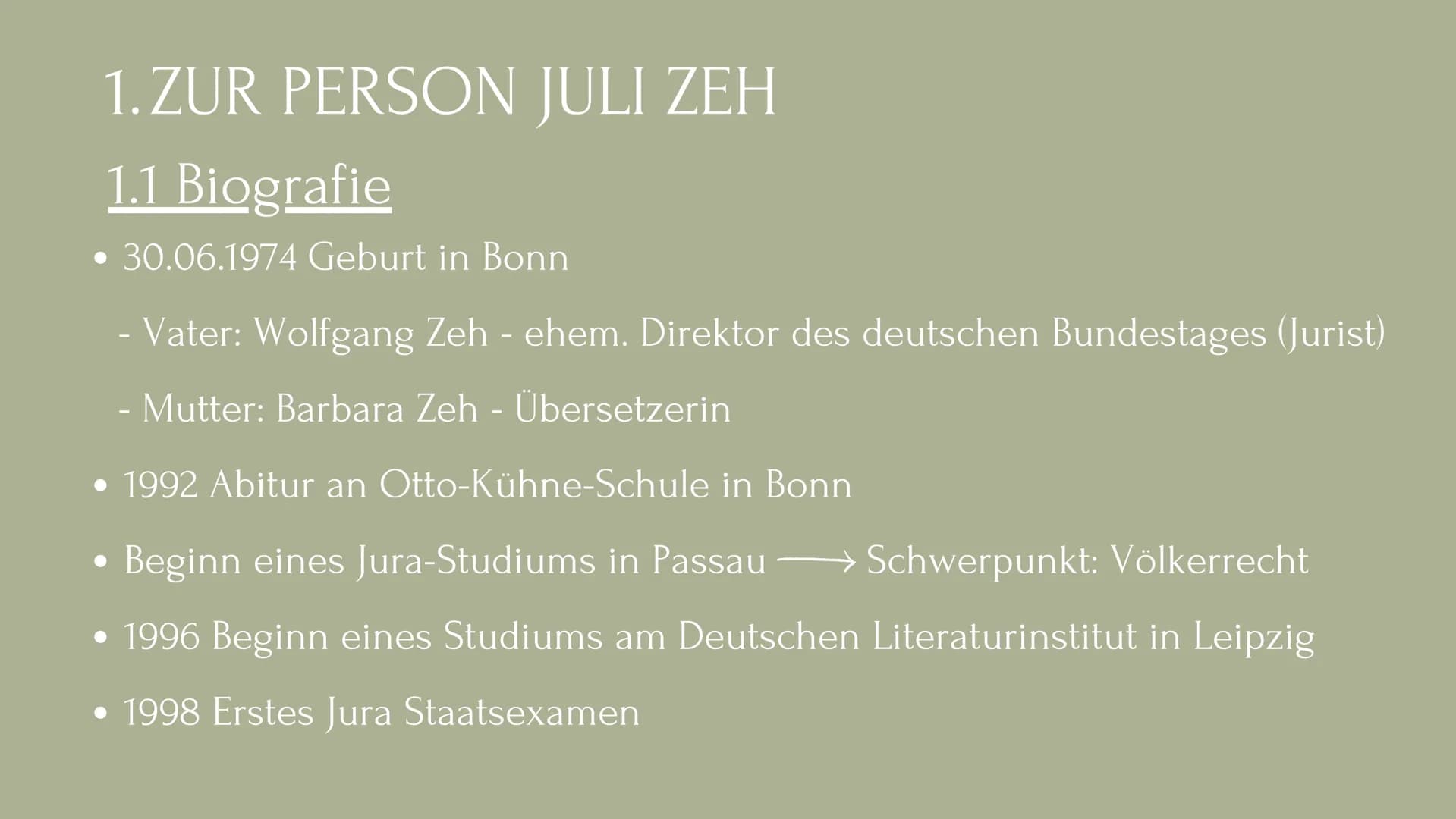 JULI ZEH
EINE AUTORIN DER
GEGENWARTSLITERATUR GLIEDERUNG
1. Zur Person Juli Zeh
1.1 Biografie
1.2 Schreibweise
1.3 Aktuelle Werke
2. Gründe 