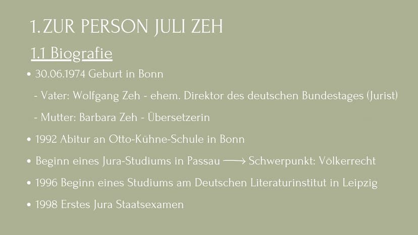 JULI ZEH
EINE AUTORIN DER
GEGENWARTSLITERATUR GLIEDERUNG
1. Zur Person Juli Zeh
1.1 Biografie
1.2 Schreibweise
1.3 Aktuelle Werke
2. Gründe 