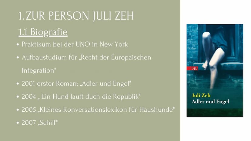 JULI ZEH
EINE AUTORIN DER
GEGENWARTSLITERATUR GLIEDERUNG
1. Zur Person Juli Zeh
1.1 Biografie
1.2 Schreibweise
1.3 Aktuelle Werke
2. Gründe 