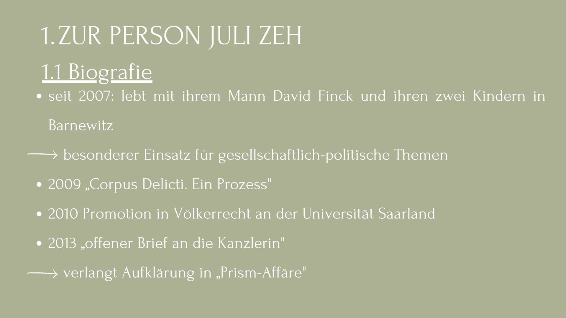 JULI ZEH
EINE AUTORIN DER
GEGENWARTSLITERATUR GLIEDERUNG
1. Zur Person Juli Zeh
1.1 Biografie
1.2 Schreibweise
1.3 Aktuelle Werke
2. Gründe 