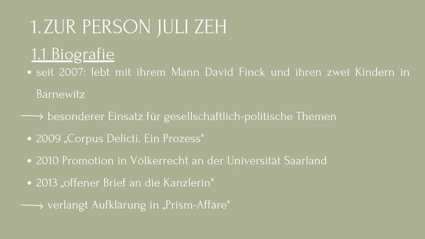 JULI ZEH
EINE AUTORIN DER
GEGENWARTSLITERATUR GLIEDERUNG
1. Zur Person Juli Zeh
1.1 Biografie
1.2 Schreibweise
1.3 Aktuelle Werke
2. Gründe 