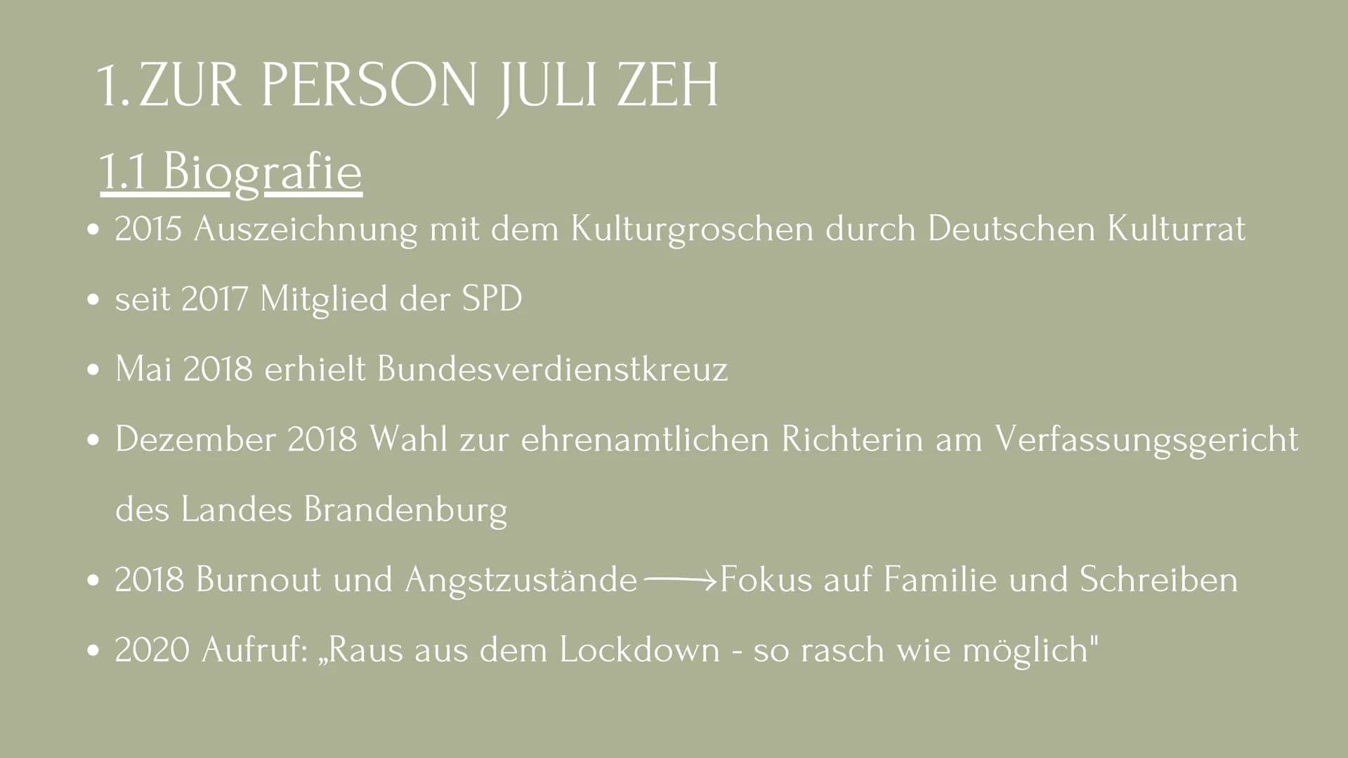 JULI ZEH
EINE AUTORIN DER
GEGENWARTSLITERATUR GLIEDERUNG
1. Zur Person Juli Zeh
1.1 Biografie
1.2 Schreibweise
1.3 Aktuelle Werke
2. Gründe 