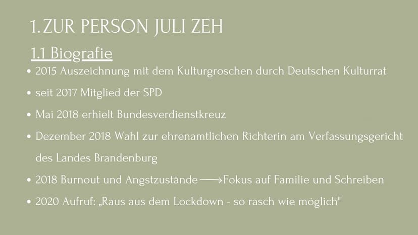 JULI ZEH
EINE AUTORIN DER
GEGENWARTSLITERATUR GLIEDERUNG
1. Zur Person Juli Zeh
1.1 Biografie
1.2 Schreibweise
1.3 Aktuelle Werke
2. Gründe 
