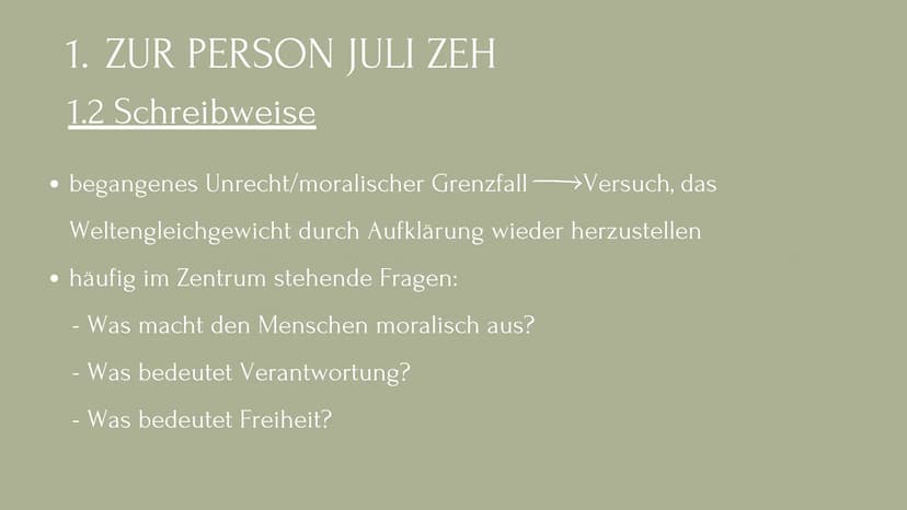 JULI ZEH
EINE AUTORIN DER
GEGENWARTSLITERATUR GLIEDERUNG
1. Zur Person Juli Zeh
1.1 Biografie
1.2 Schreibweise
1.3 Aktuelle Werke
2. Gründe 