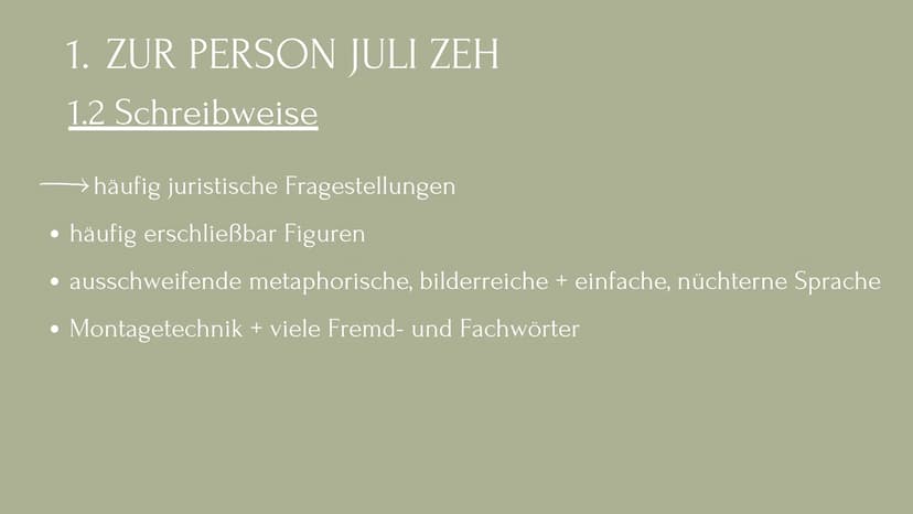 JULI ZEH
EINE AUTORIN DER
GEGENWARTSLITERATUR GLIEDERUNG
1. Zur Person Juli Zeh
1.1 Biografie
1.2 Schreibweise
1.3 Aktuelle Werke
2. Gründe 