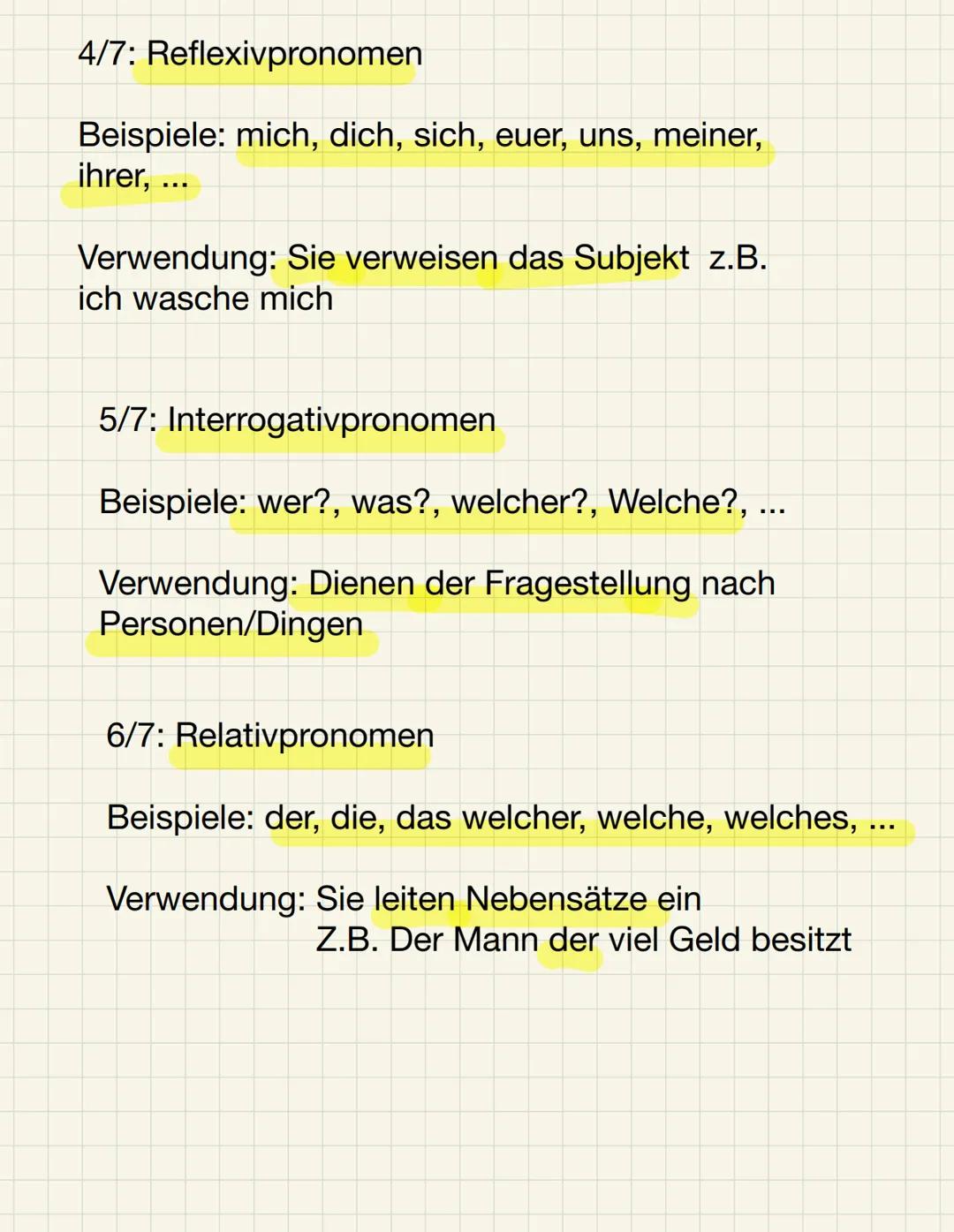 Pronomen Arten
1/7 Personalpronomen
Beispiele: ich, er, sie, es, wir, ihr, sie
Verwendung: Das Personalpronomen ersetzt
Personen oder Gegens