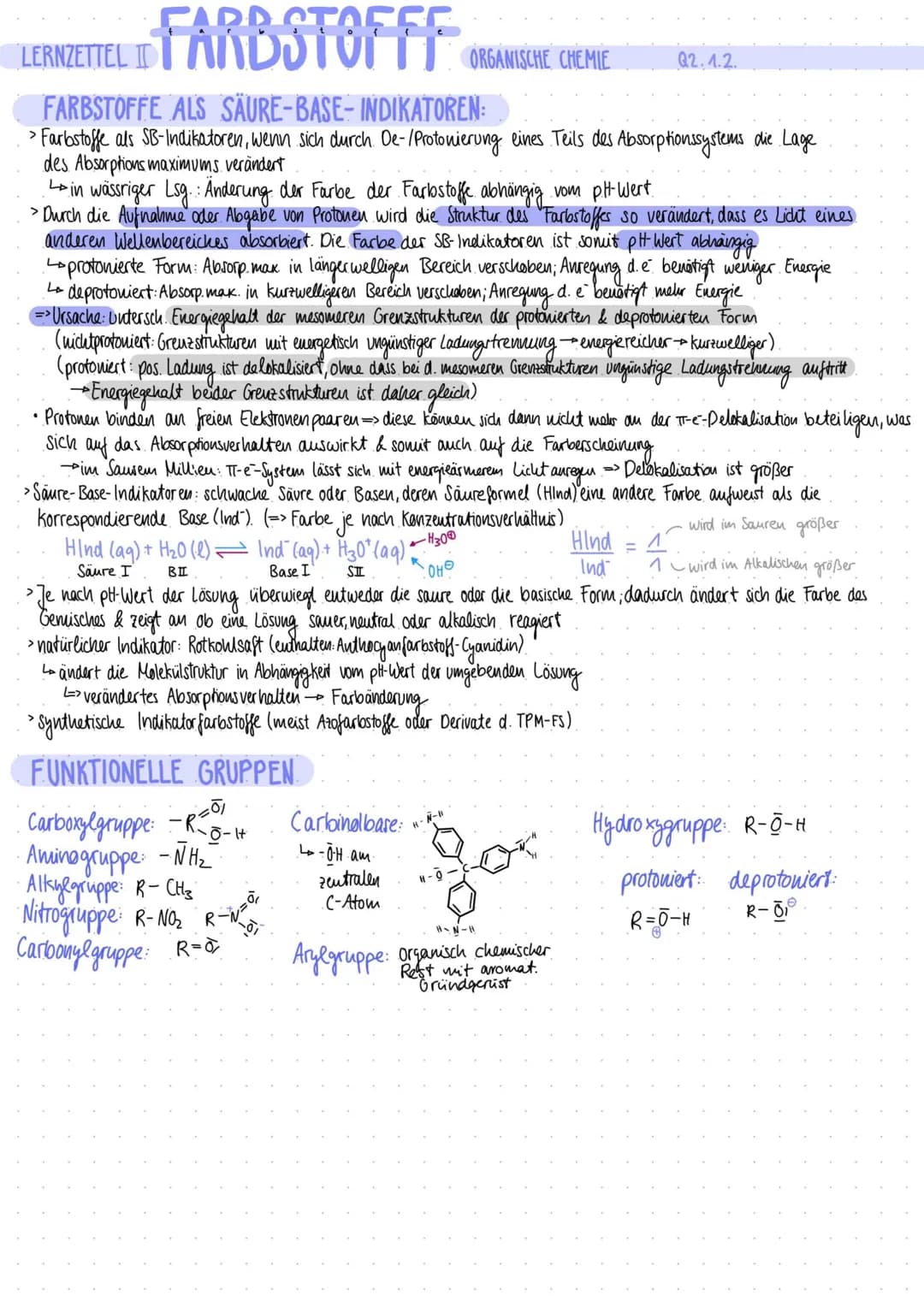 LERNZETTEL FARBSTOFFE
I
EINTEILUNG
Farbmittel
anorganische
Farbstoffe
organische
Farbstoffe
natürliche synthetische naturliche organische
Pi