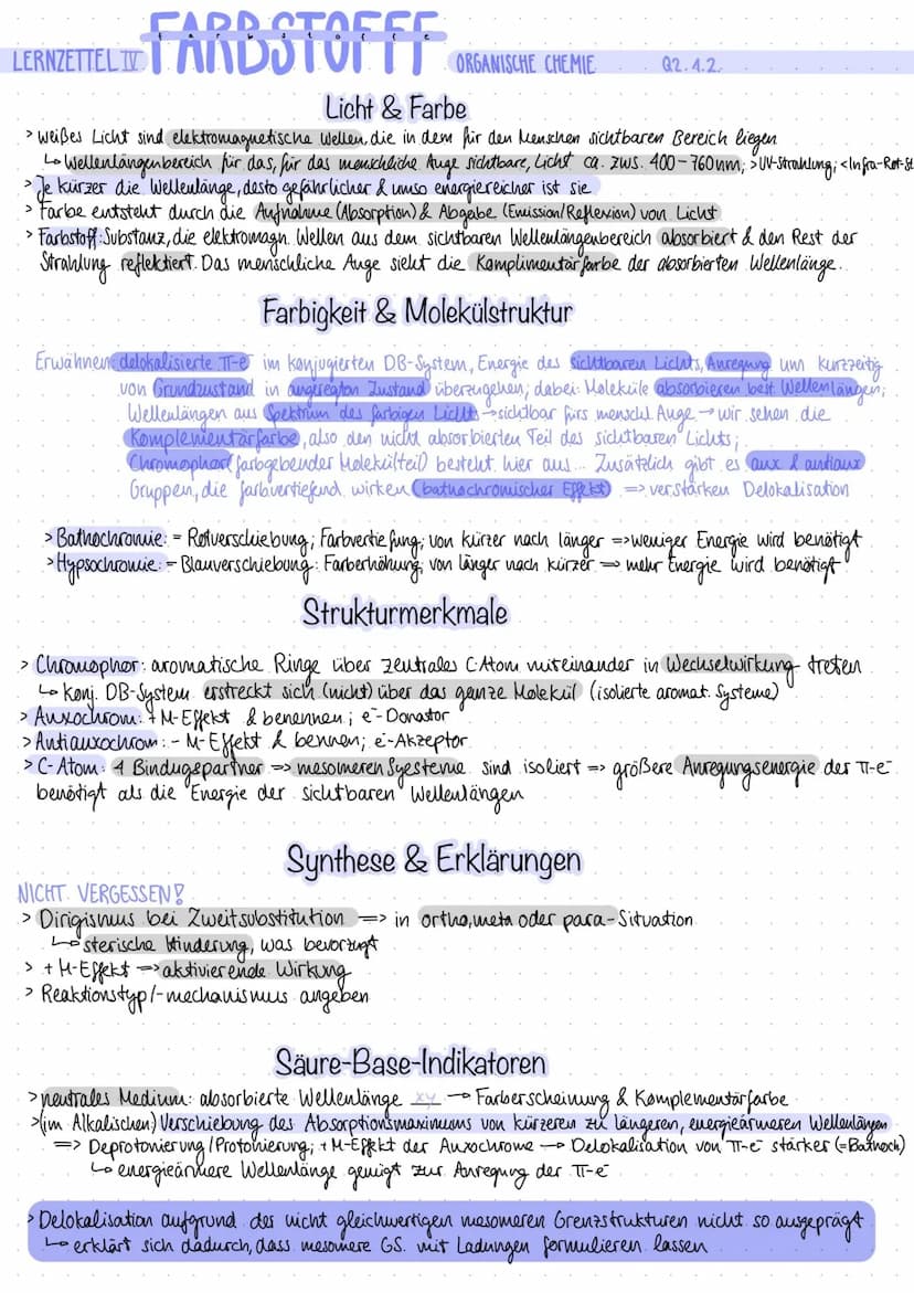 LERNZETTEL FARBSTOFFE
I
EINTEILUNG
Farbmittel
anorganische
Farbstoffe
organische
Farbstoffe
natürliche synthetische naturliche organische
Pi