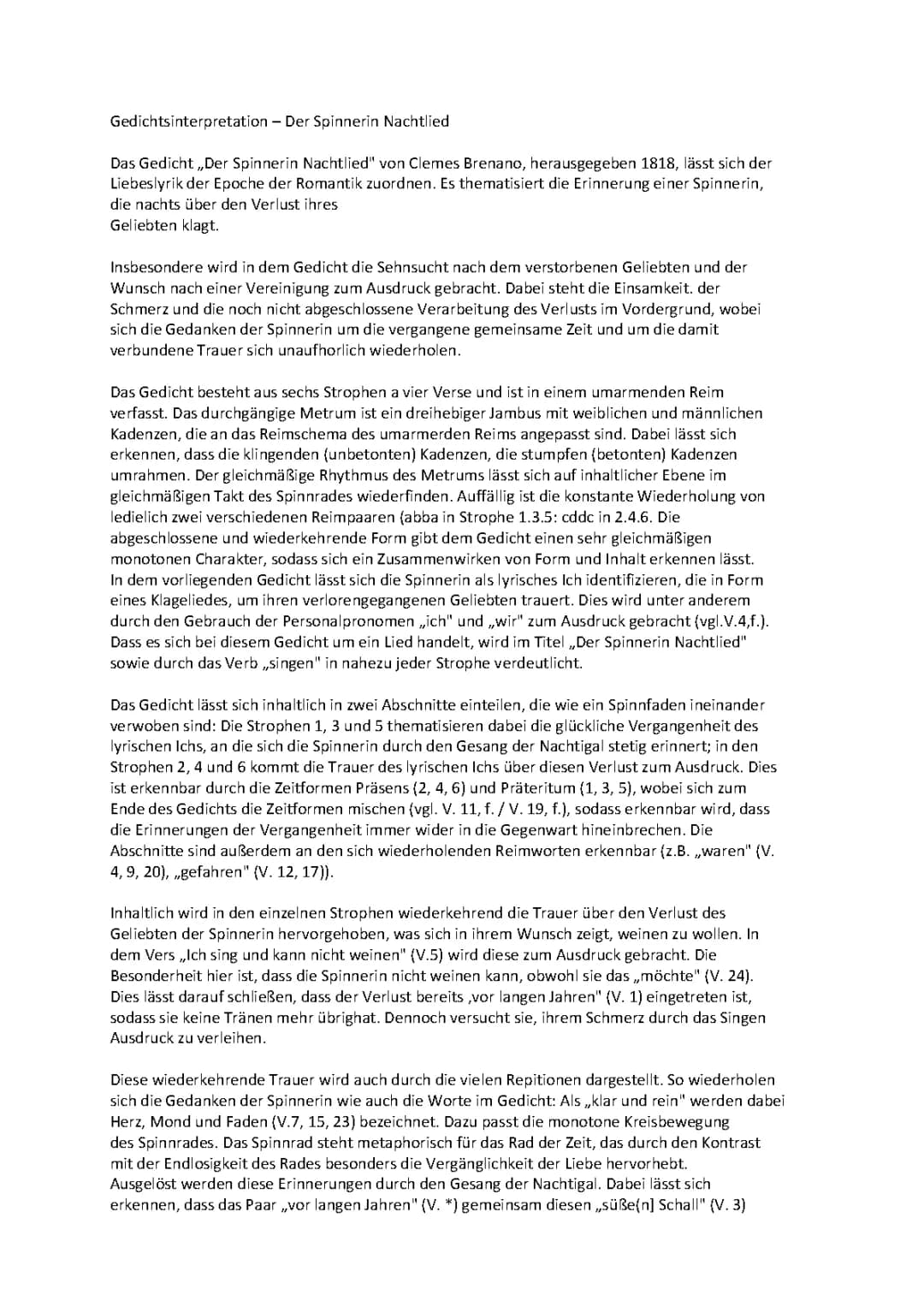 Gedichtsinterpretation „Der Spinnerin Nachtlied“ von Clemens Brenano