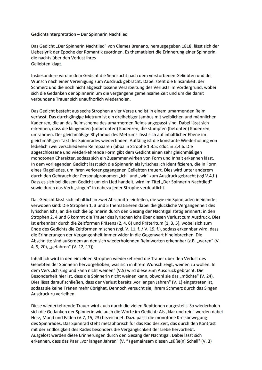 Gedichtsinterpretation - Der Spinnerin Nachtlied
Das Gedicht,,Der Spinnerin Nachtlied" von Clemes Brenano, herausgegeben 1818, lässt sich de