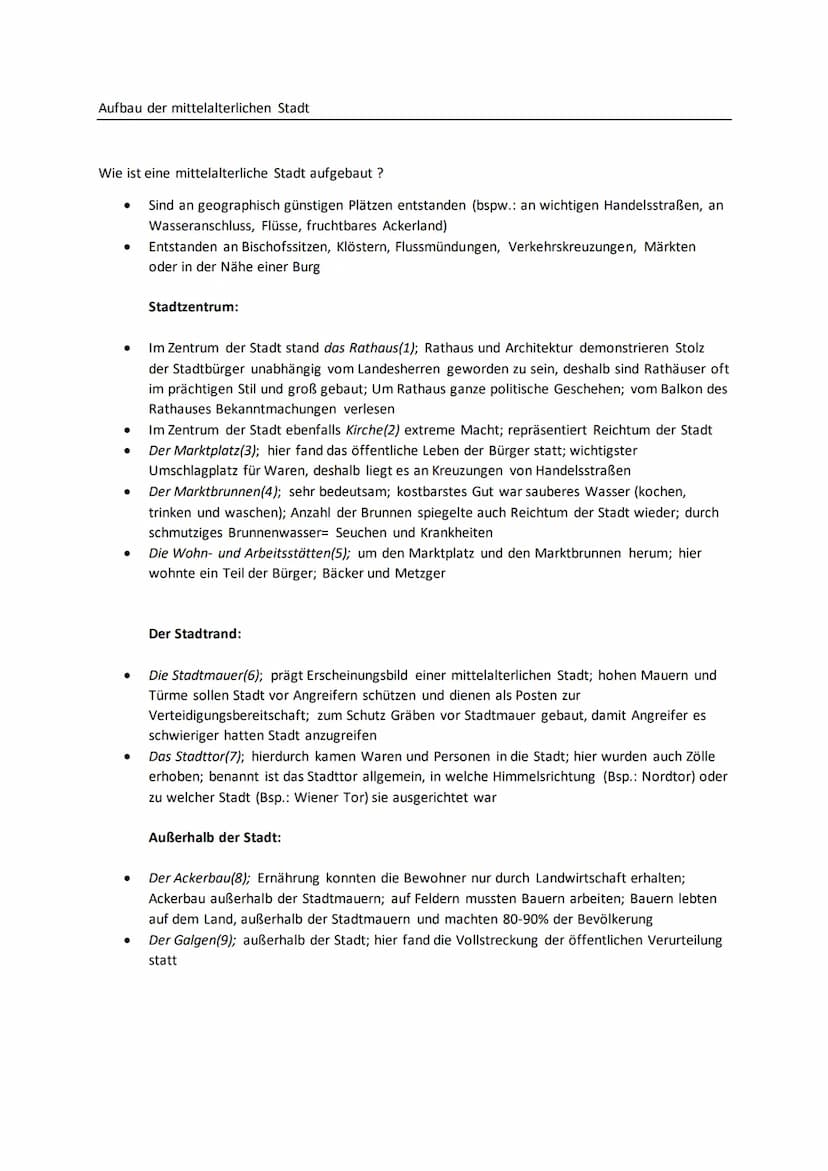 Aufbau der mittelalterlichen Stadt
Wie ist eine mittelalterliche Stadt aufgebaut?
Sind an geographisch günstigen Plätzen entstanden (bspw.: 
