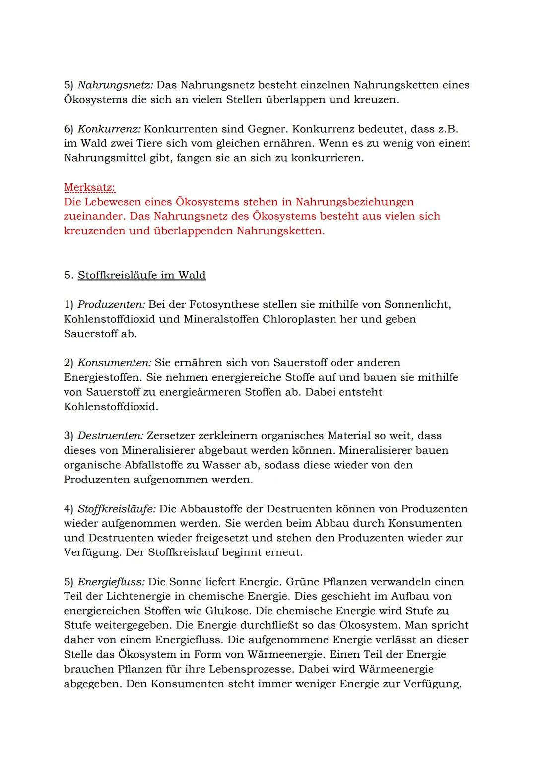 KA 1 Biologie
Thema: Ökologie (im Wald)
1. Begriffe aus dem Glossar
1) Nahrungsnetz: Das Nahrungsnetz besteht einzelnen Nahrungsketten eines