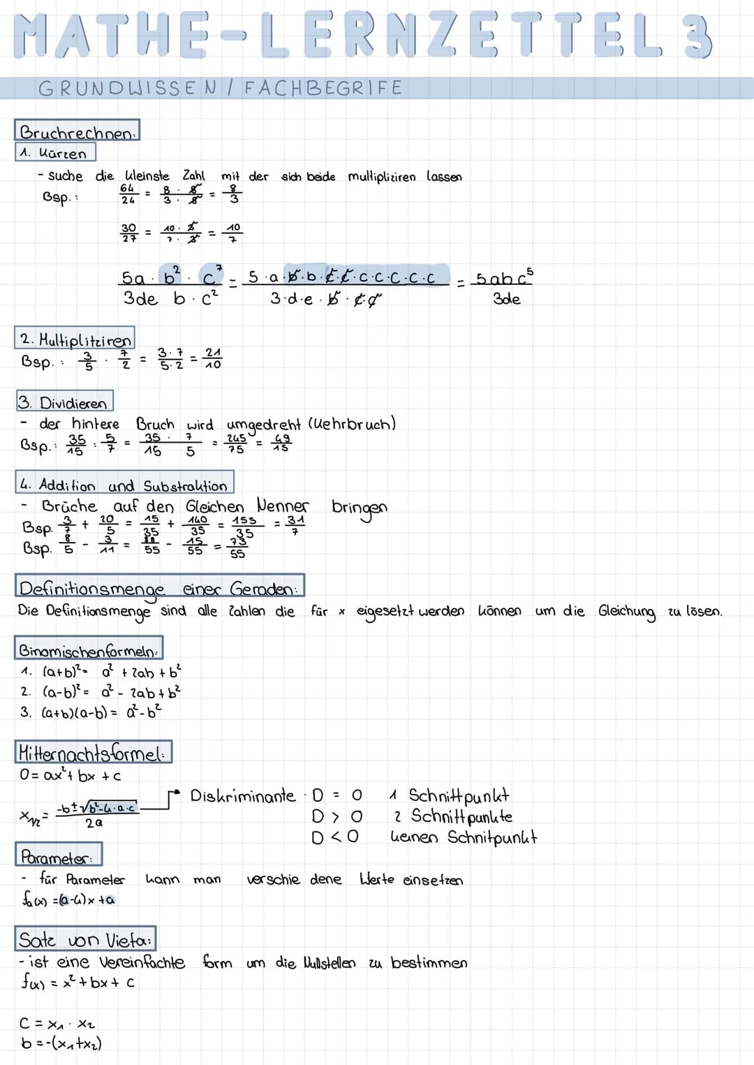 NATHE-LERNZETTEL 1
Formen einer Parabel
Scheitelform
Allgemeine form
Produk form
PARABEL
Art der Parabel:
A.
Nullstelle berechnen:
y =o
0 = 