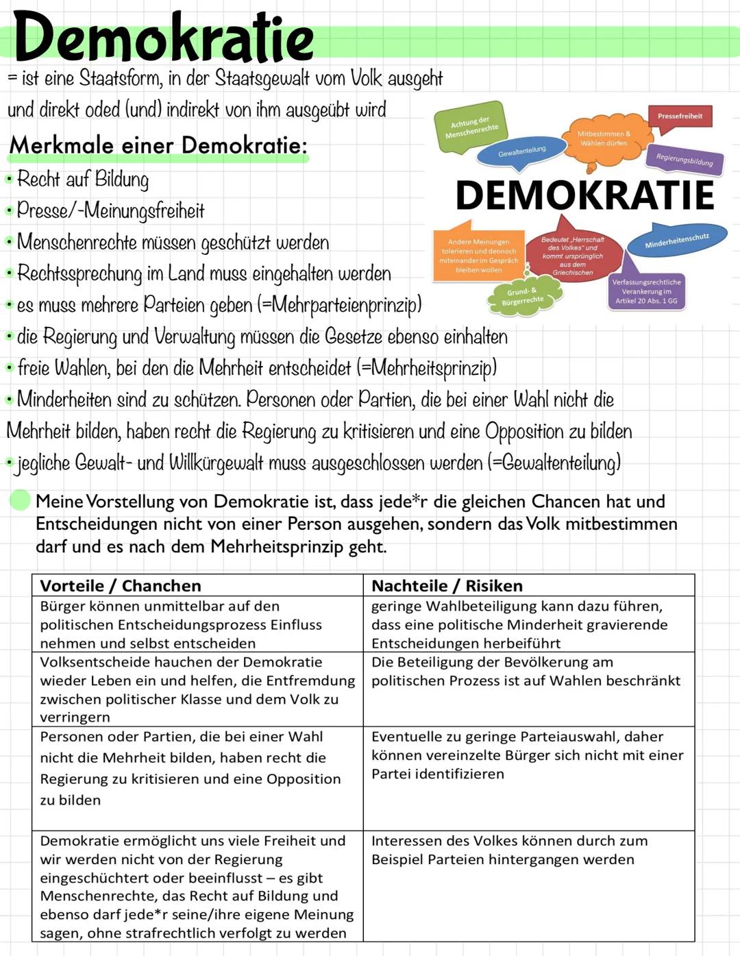 Demokratie
=
ist eine Staatsform, in der Staatsgewalt vom Volk ausgeht
und direkt oded (und) indirekt von ihm ausgeübt wird
Merkmale einer D