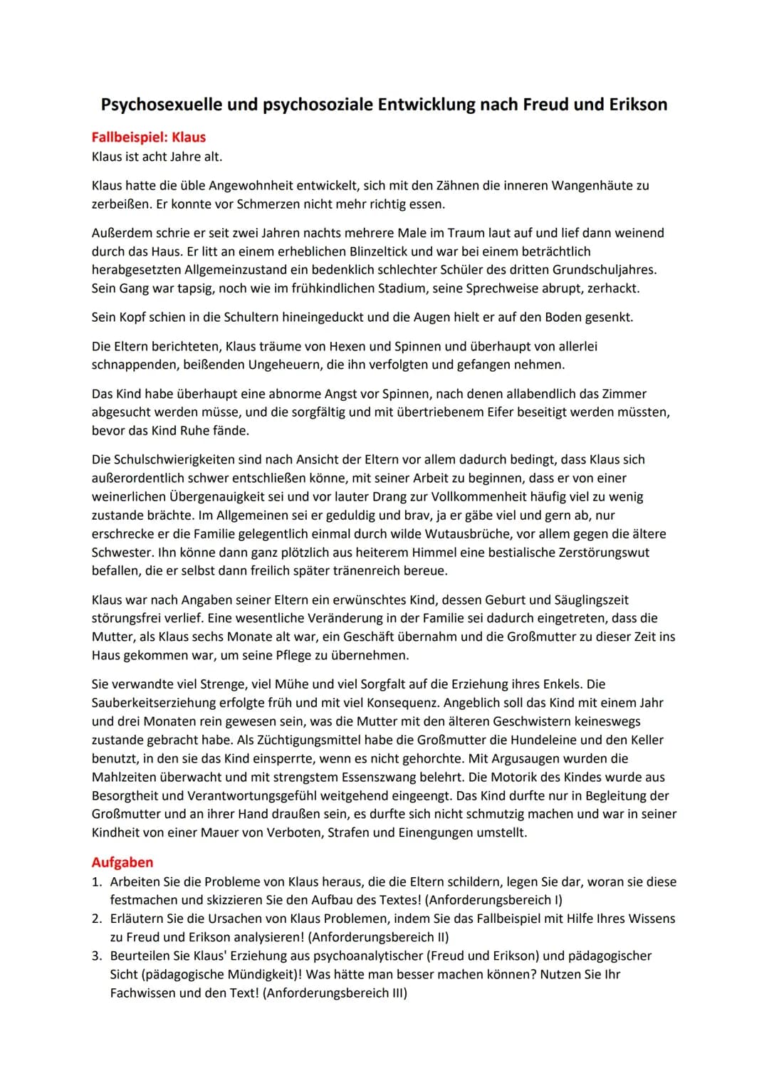 Pädagogik - Fallbeispiel - Erikson und Freud