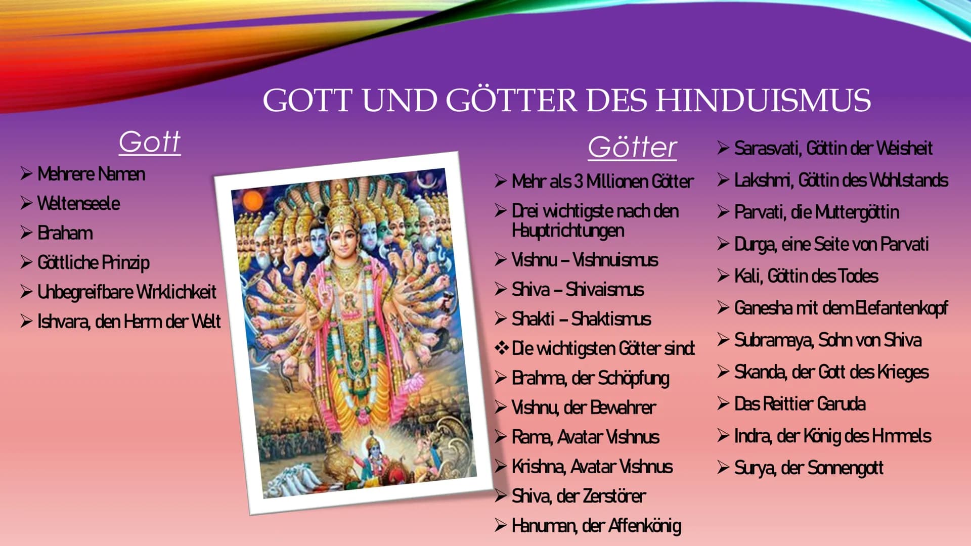 HINDUISMUS
35 INHALTSVERZEICHNIS
1. Vorstellung der Religion/ des Glaubens
2. Welche Regeln und Zeiten?
3. Gebetsrituale und Haltung
4. Waru