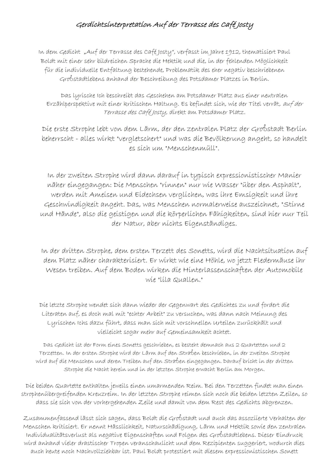 Gerdichtsinterpretation Auf der Terrasse des café Josty
In dem Gedicht „Auf der Terrasse des Café Josty", verfasst im Jahre 1912, thematisie