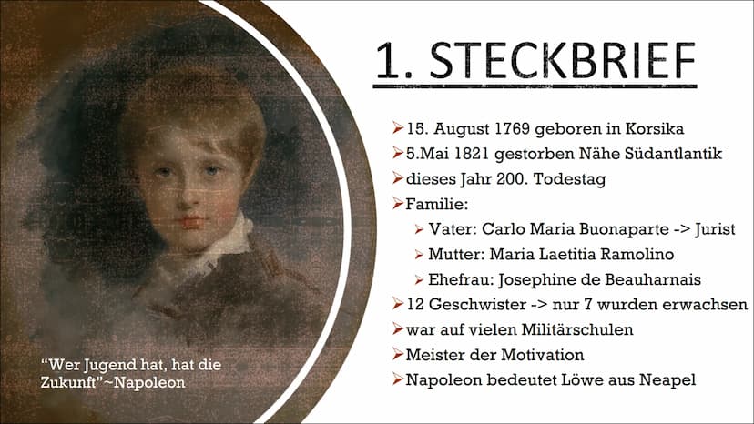 NAPOLEON
BONAPARTE
von Rebecca Karl INHALTSVERZEICHNIS
1. Steckbrief
1.2. Absturz, Niederlage und Tod
2. Bedeutende Jahre
3.
Feldzüge
4. Sei