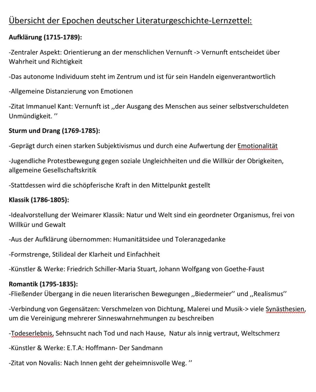 Übersicht der Epochen deutscher Literaturgeschichte-Lernzettel:
Aufklärung (1715-1789):
-Zentraler Aspekt: Orientierung an der menschlichen 
