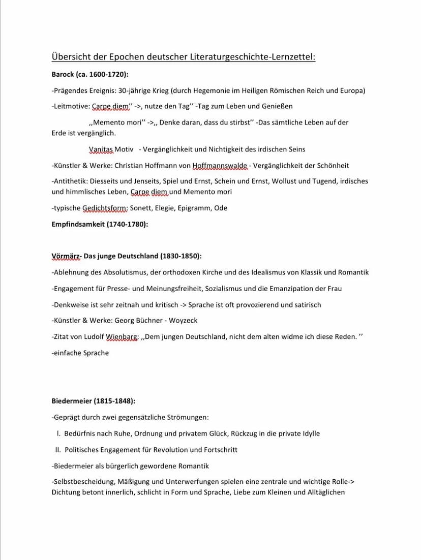 Übersicht der Epochen deutscher Literaturgeschichte-Lernzettel:
Aufklärung (1715-1789):
-Zentraler Aspekt: Orientierung an der menschlichen 