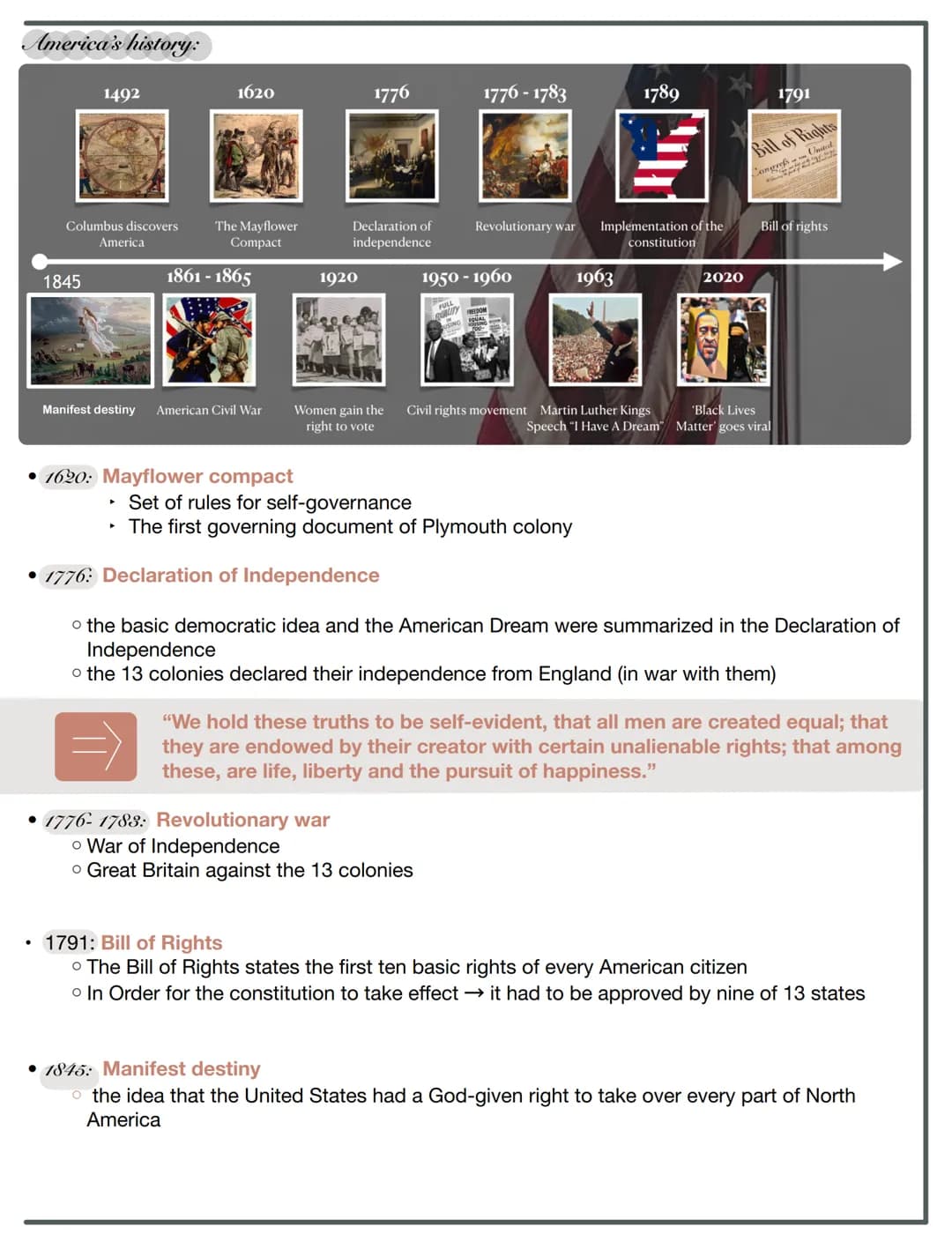 Handout by
Beritan
American Dream
.
Believes and Values:
God-given rights.
• Pursuit of happiness
Equality
• Life : security and protection
