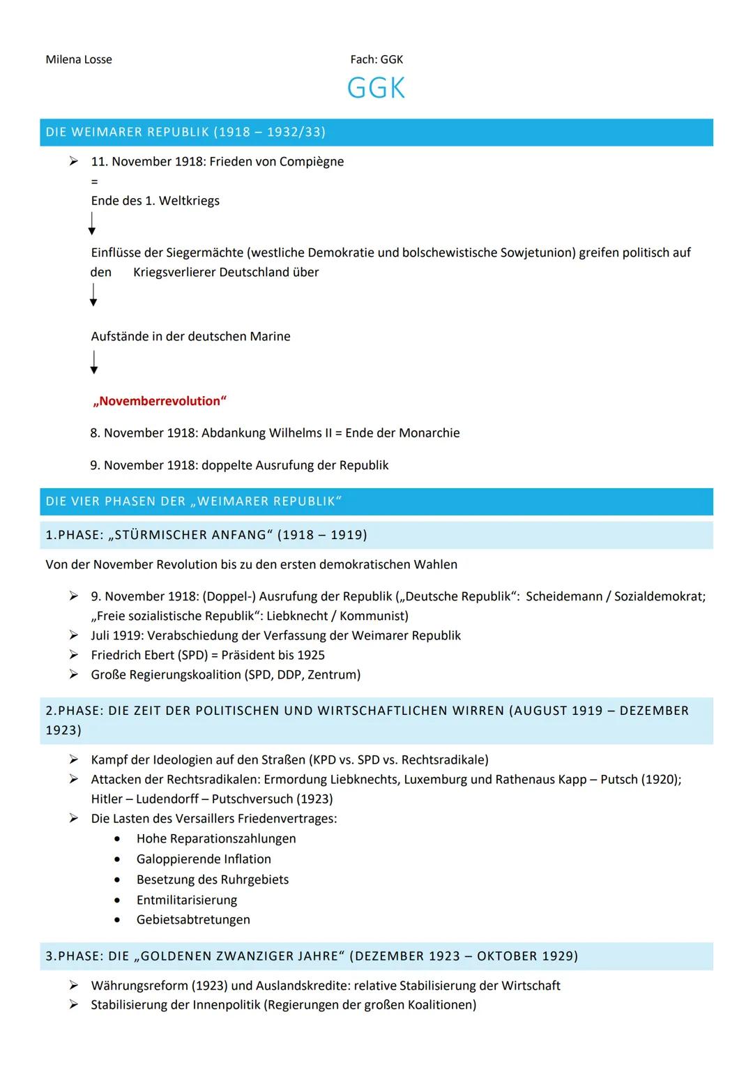 Milena Losse
DIE WEIMARER REPUBLIK (1918 - 1932/33)
11. November 1918: Frieden von Compiègne
=
Ende des 1. Weltkriegs
Einflüsse der Siegermä