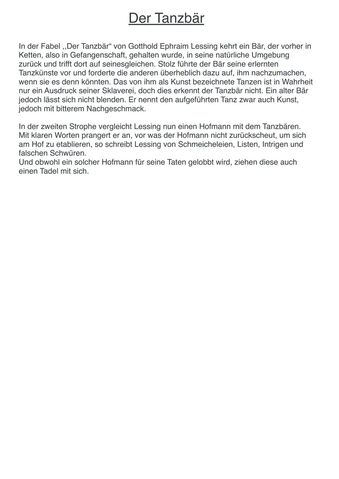 Der Tanzbär
In der Fabel ,,Der Tanzbär" von Gotthold Ephraim Lessing kehrt ein Bär, der vorher in
Ketten, also in Gefangenschaft, gehalten w