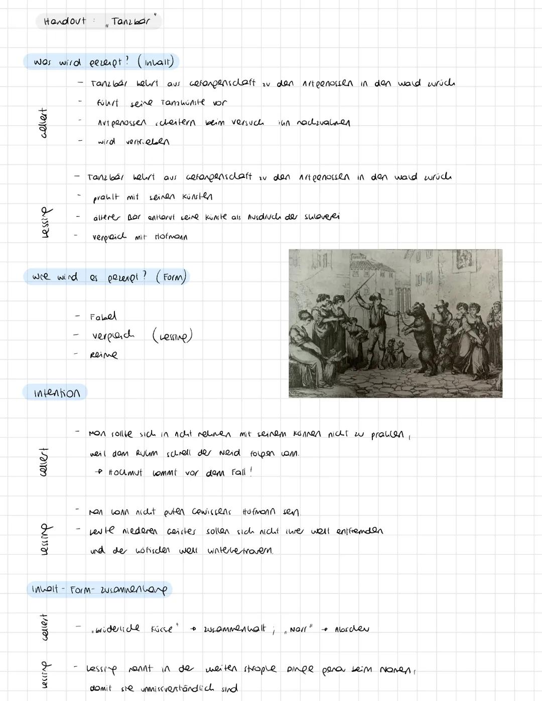 Der Tanzbär
In der Fabel ,,Der Tanzbär" von Gotthold Ephraim Lessing kehrt ein Bär, der vorher in
Ketten, also in Gefangenschaft, gehalten w