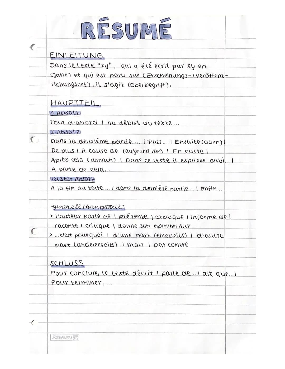 C
C
RÉSUMÉ
EINLEITUNG
Dans le texte "xy", qui a été ecrit par xy en.
(Jahr) et qui est paru sur (Erscheinungs-/veröffent-
lichungsort), il s