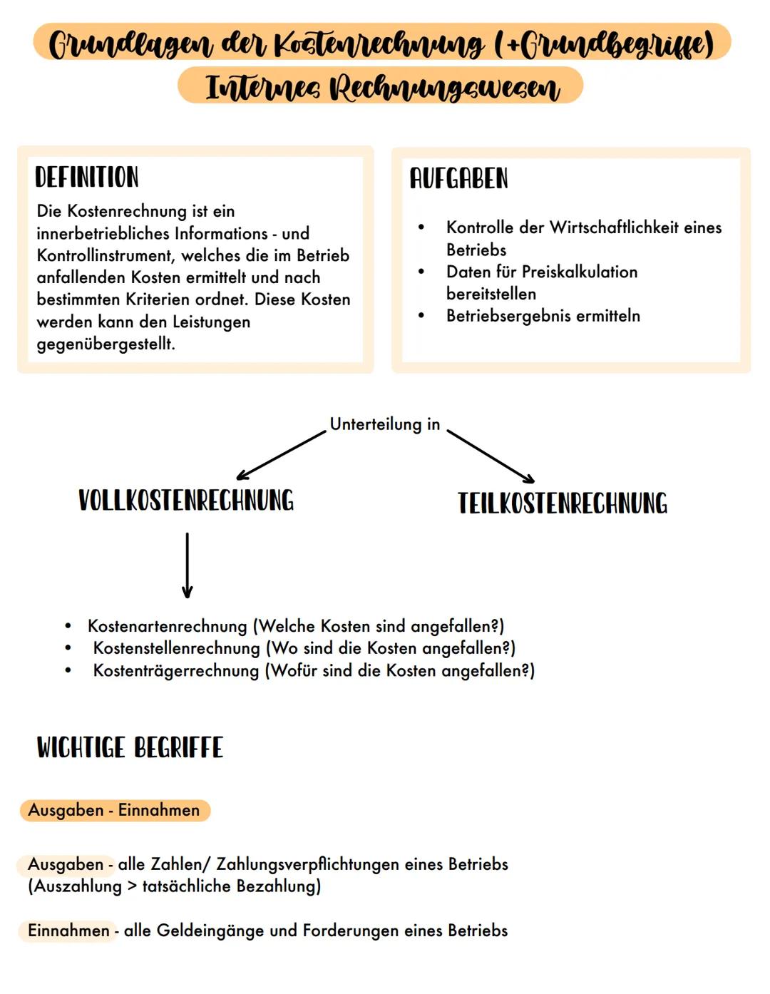 Grundlagen der Kostenrechnung (+Grundbegriffe)
Internes Rechnungswesen
DEFINITION
Die Kostenrechnung ist ein
innerbetriebliches Informations