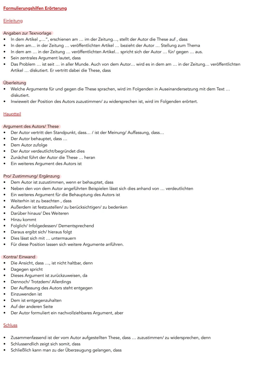 Formulierungshilfen Erörterung
Einleitung
Angaben zur Texrvorlage
In dem Artikel ,...", erschienen am ... im der Zeitung..., stellt der Auto