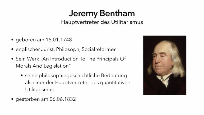 Utilitarismus
Die zweckorientierte Ethik Jeremy Bentham
• Was ist Utilitarismus?
• Formen des Utilitarismus
• John Stuart Mill
• Vorteile
• 