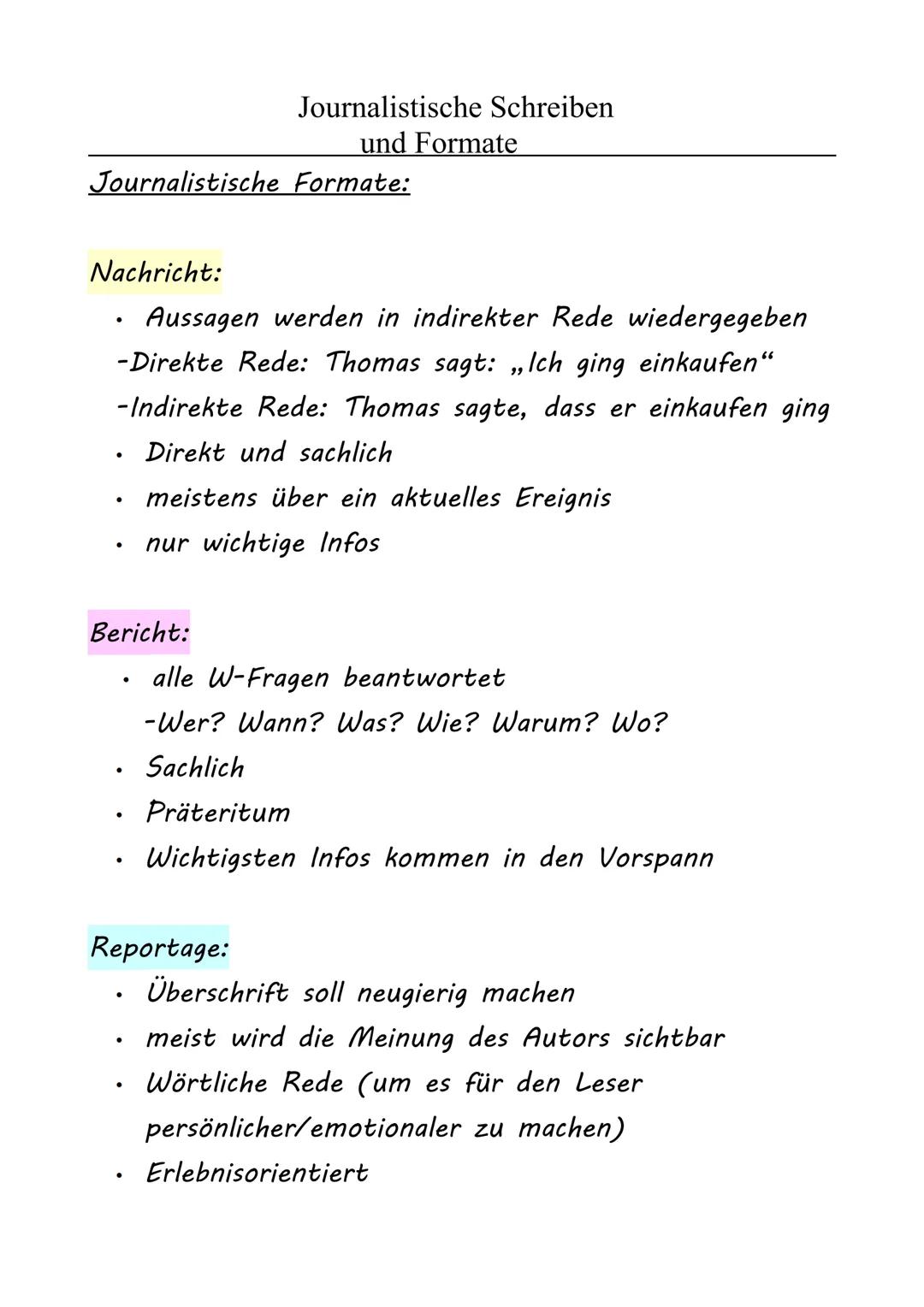Journalistische Schreiben
und Formate
Journalistische Formate:

Nachricht:
*   Aussagen werden in indirekter Rede wiedergegeben
-Direkte Red
