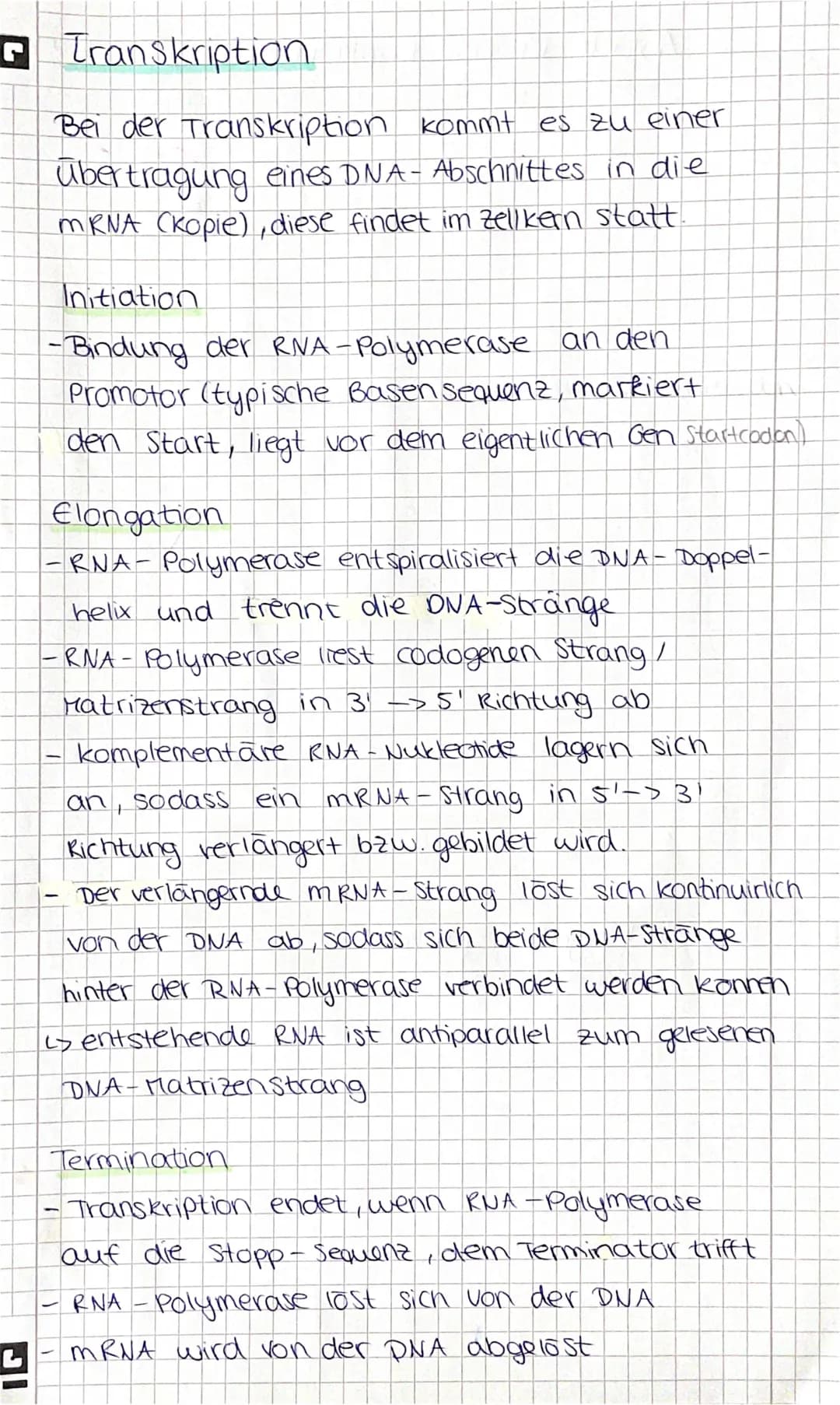 Transkription
Bei der Transkription kommt es zu einer
übertragung eines DNA- Abschnittes in die
mRNA (Kopie), diese findet im Zellkern statt