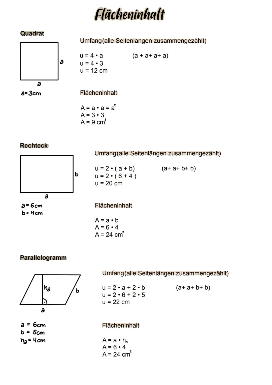 Quadrat
a
a=3cm
Rechteck
a=6cm
b= 4cm
a
Parallelogramm
na
a
a
a = 6cm
b = 5cm
ha = 4cm
O
Flächeninhalt
Umfang (alle Seitenlängen zusammengez